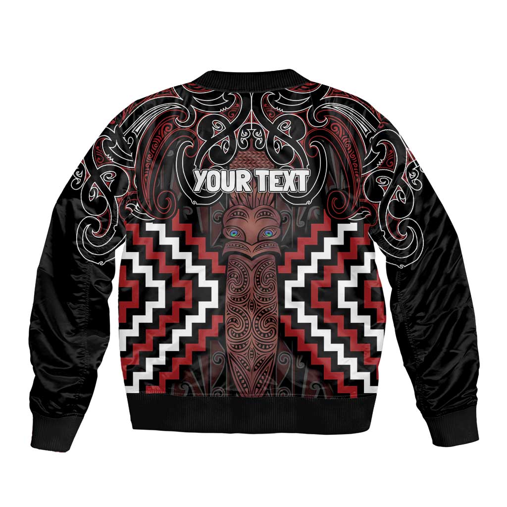 Maori Taiaha Whakairo Personalized Sleeve Zip Bomber Jacket Red Poutama Motifs