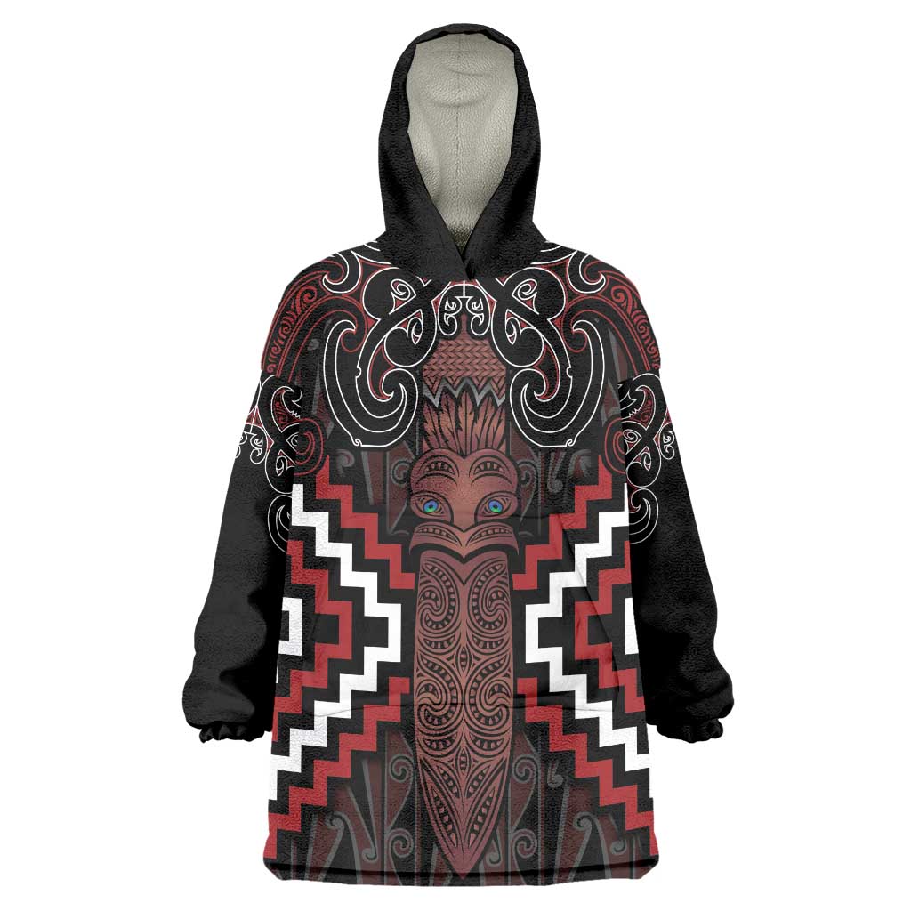 Maori Taiaha Whakairo Personalized Wearable Blanket Hoodie Red Poutama Motifs