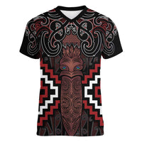 Maori Taiaha Whakairo Personalized Women V-Neck T-Shirt Red Poutama Motifs LT7 Female Red - Polynesian Pride