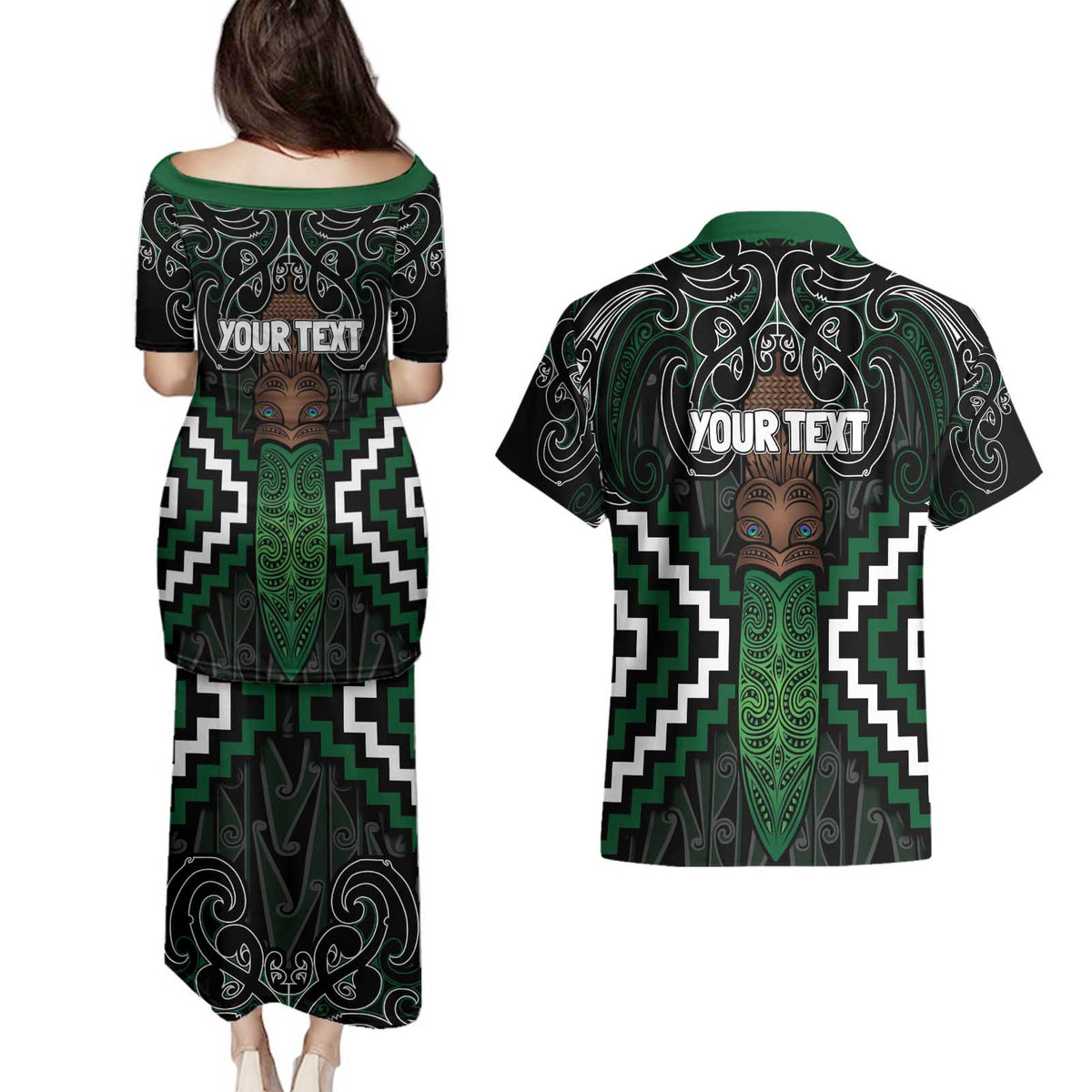 Maori Taiaha Pounamu Whakairo Personalized Couples Matching Puletasi and Hawaiian Shirt Jade Poutama Motifs LT7 - Polynesian Pride