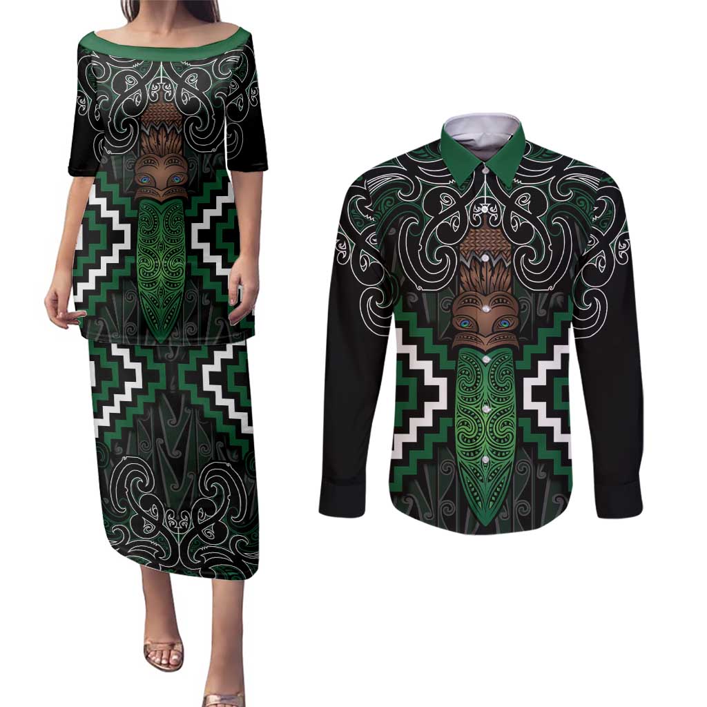 Maori Taiaha Pounamu Whakairo Personalized Couples Matching Puletasi and Long Sleeve Button Shirt Jade Poutama Motifs LT7 Jade - Polynesian Pride