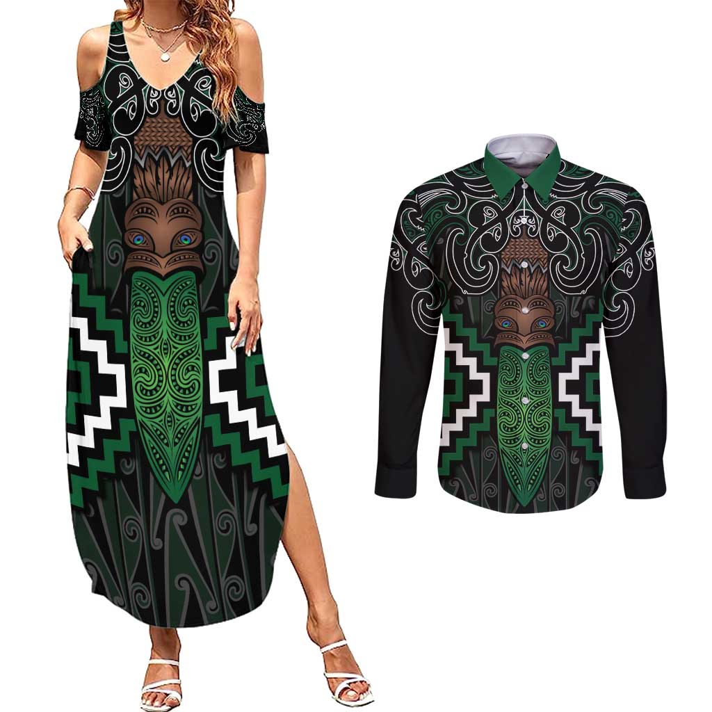 Maori Taiaha Pounamu Whakairo Personalized Couples Matching Summer Maxi Dress and Long Sleeve Button Shirt Jade Poutama Motifs LT7 Jade - Polynesian Pride