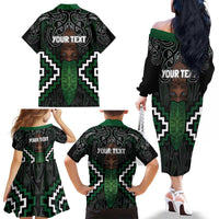 Maori Taiaha Pounamu Whakairo Personalized Family Matching Off The Shoulder Long Sleeve Dress and Hawaiian Shirt Jade Poutama Motifs