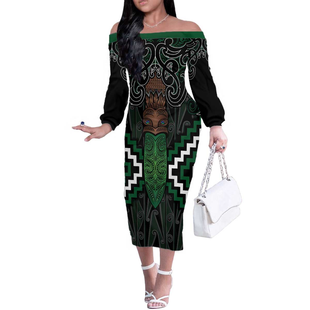 Maori Taiaha Pounamu Whakairo Personalized Family Matching Off The Shoulder Long Sleeve Dress and Hawaiian Shirt Jade Poutama Motifs