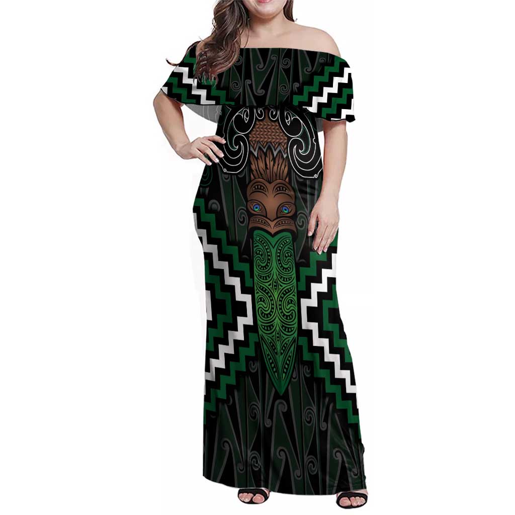 Maori Taiaha Pounamu Whakairo Personalized Family Matching Off Shoulder Maxi Dress and Hawaiian Shirt Jade Poutama Motifs