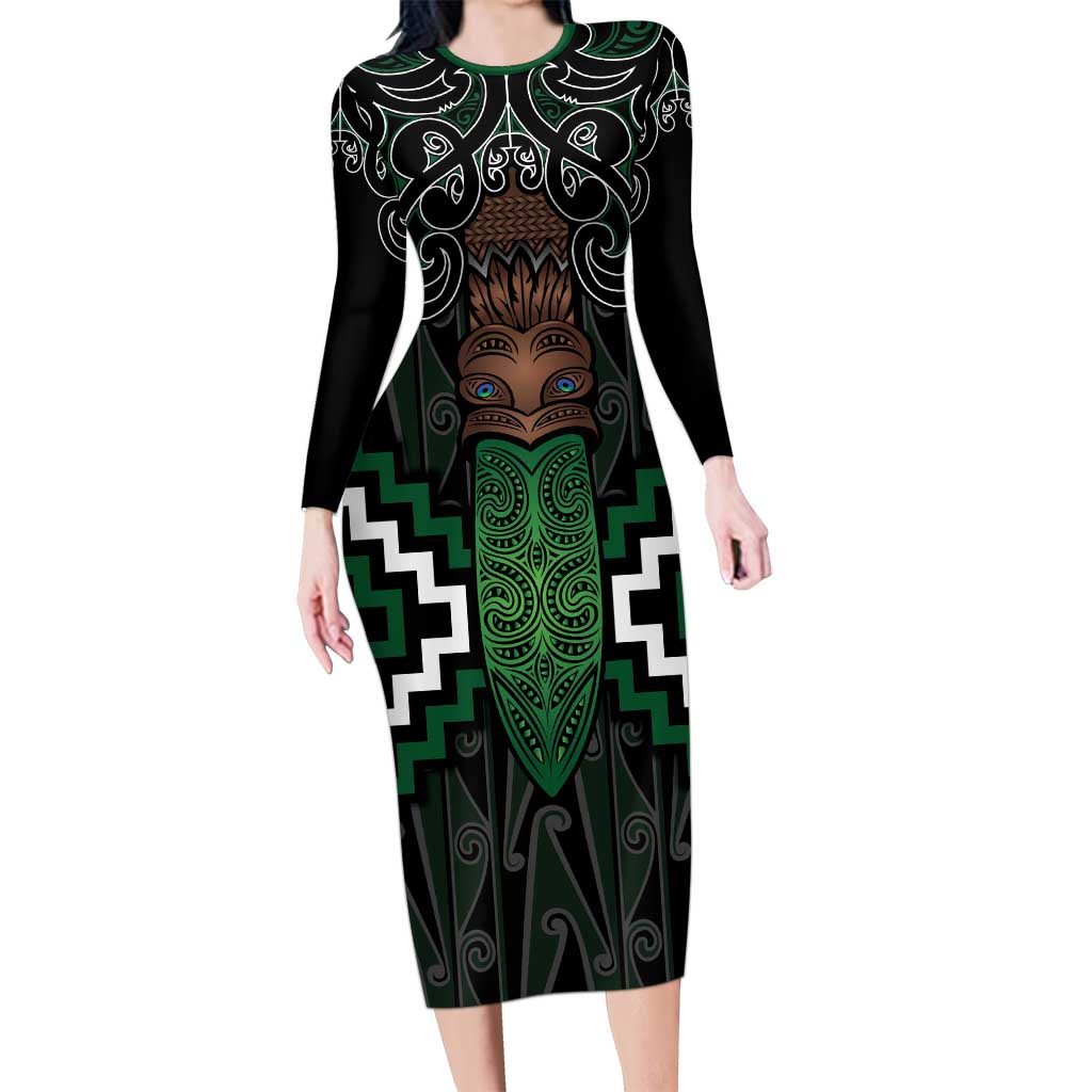 Maori Taiaha Pounamu Whakairo Personalized Long Sleeve Bodycon Dress Jade Poutama Motifs