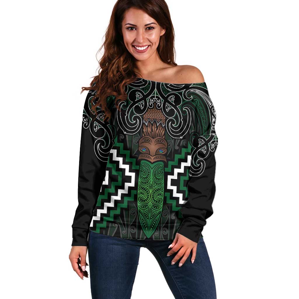 Maori Taiaha Pounamu Whakairo Personalized Off Shoulder Sweater Jade Poutama Motifs