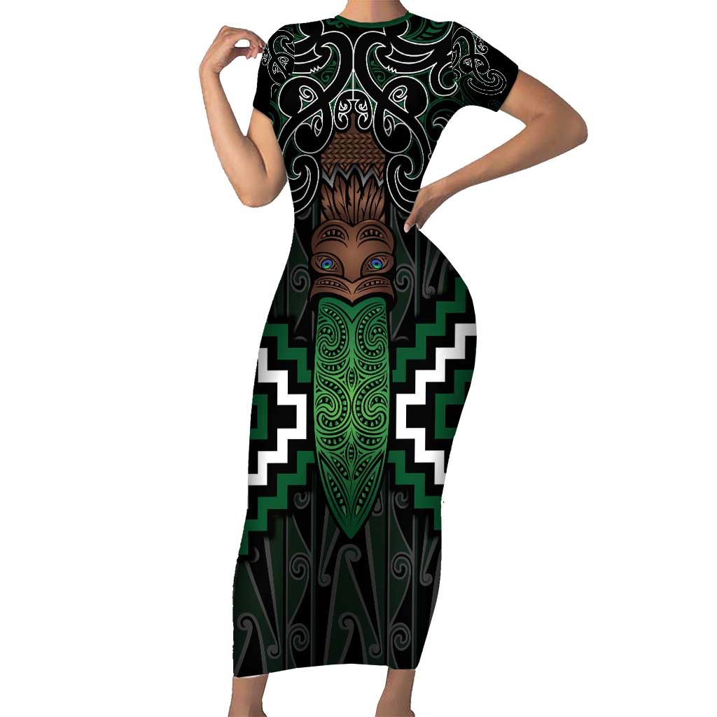 Maori Taiaha Pounamu Whakairo Personalized Short Sleeve Bodycon Dress Jade Poutama Motifs