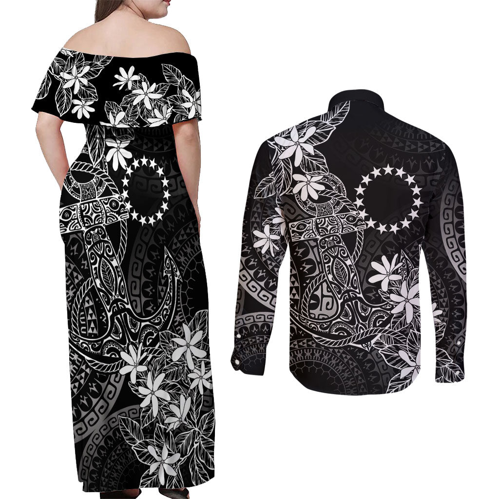 Black Kuki Airani Tapakau Couples Matching Off Shoulder Maxi Dress and Long Sleeve Button Shirt Tribal Anchor Mix Tiare LT7 - Polynesian Pride