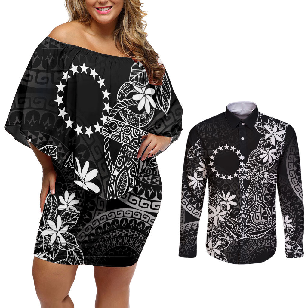 Black Kuki Airani Tapakau Couples Matching Off Shoulder Short Dress and Long Sleeve Button Shirt Tribal Anchor Mix Tiare LT7 Black - Polynesian Pride