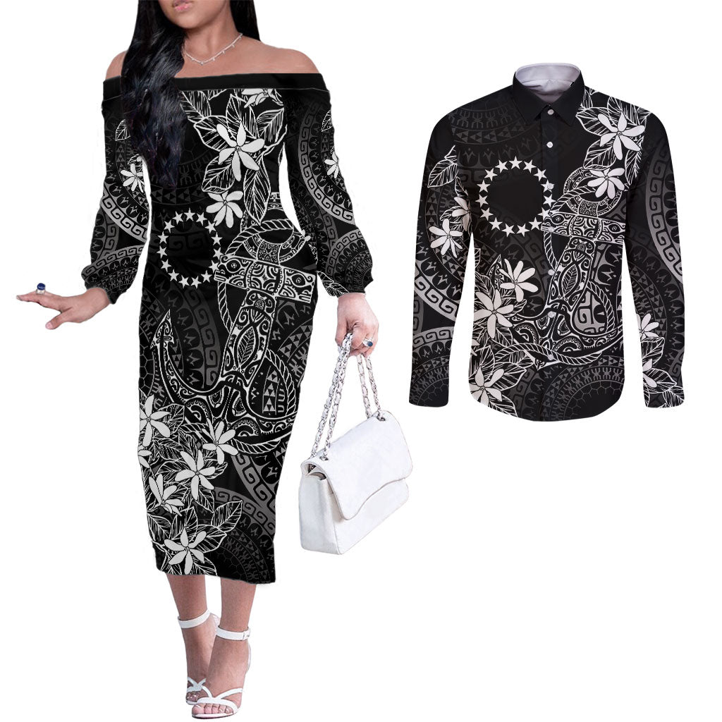 Black Kuki Airani Tapakau Couples Matching Off The Shoulder Long Sleeve Dress and Long Sleeve Button Shirt Tribal Anchor Mix Tiare