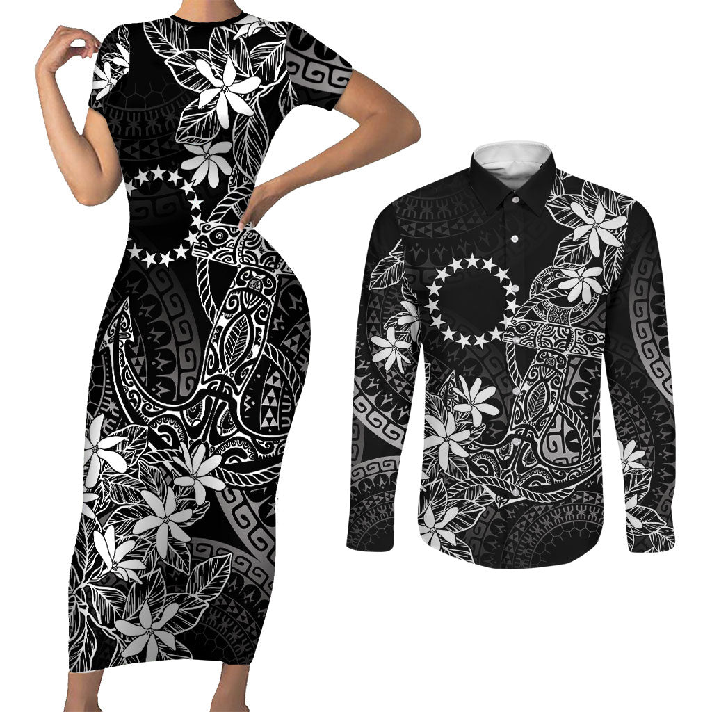 Black Kuki Airani Tapakau Couples Matching Short Sleeve Bodycon Dress and Long Sleeve Button Shirt Tribal Anchor Mix Tiare