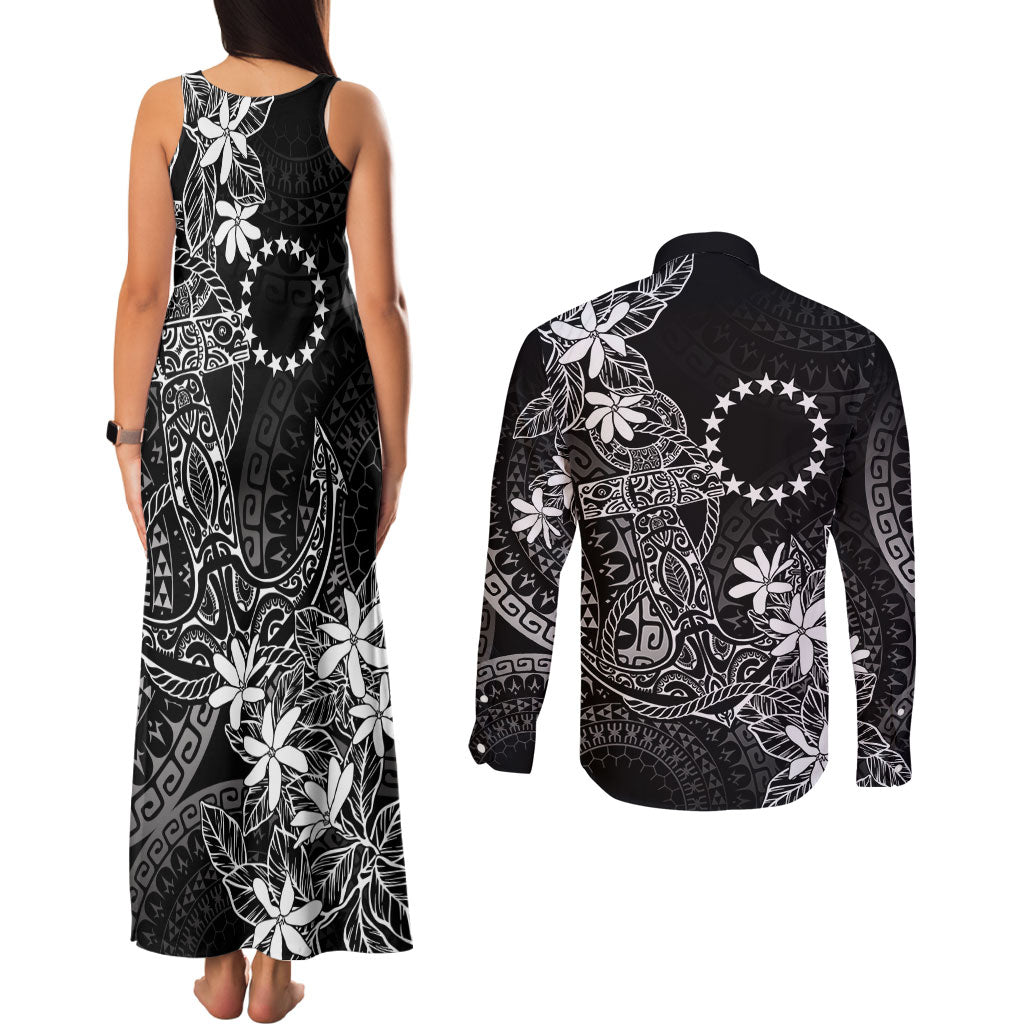 Black Kuki Airani Tapakau Couples Matching Tank Maxi Dress and Long Sleeve Button Shirt Tribal Anchor Mix Tiare LT7 - Polynesian Pride