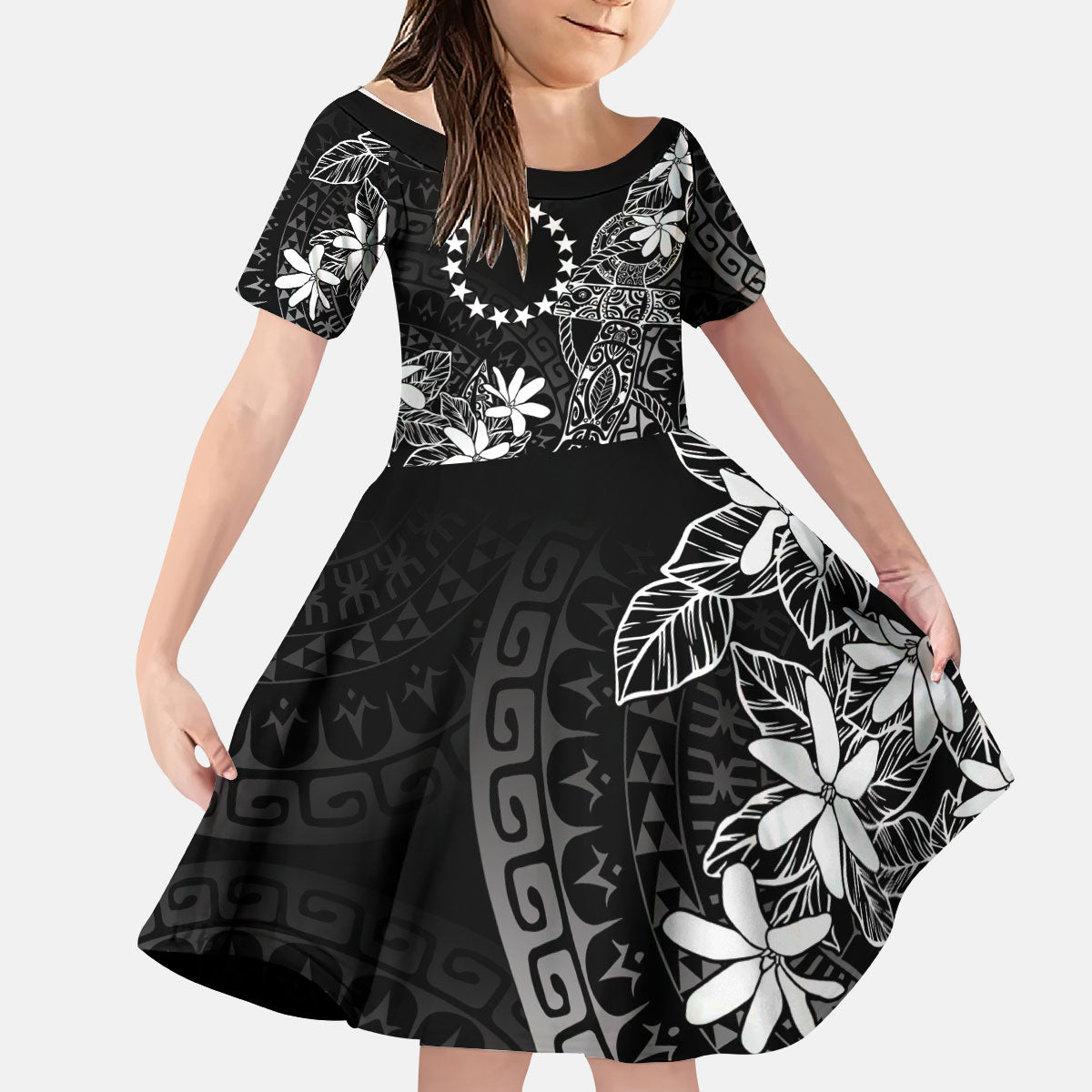 Black Kuki Airani Tapakau Kid Short Sleeve Dress Tribal Anchor Mix Tiare LT7 KID Black - Polynesian Pride