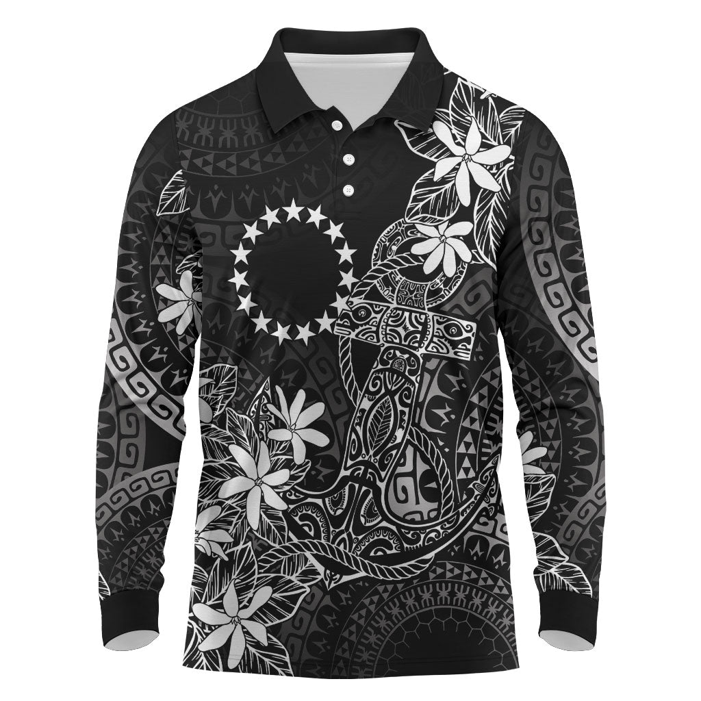 Black Kuki Airani Tapakau Long Sleeve Polo Shirt Tribal Anchor Mix Tiare LT7 Black - Polynesian Pride