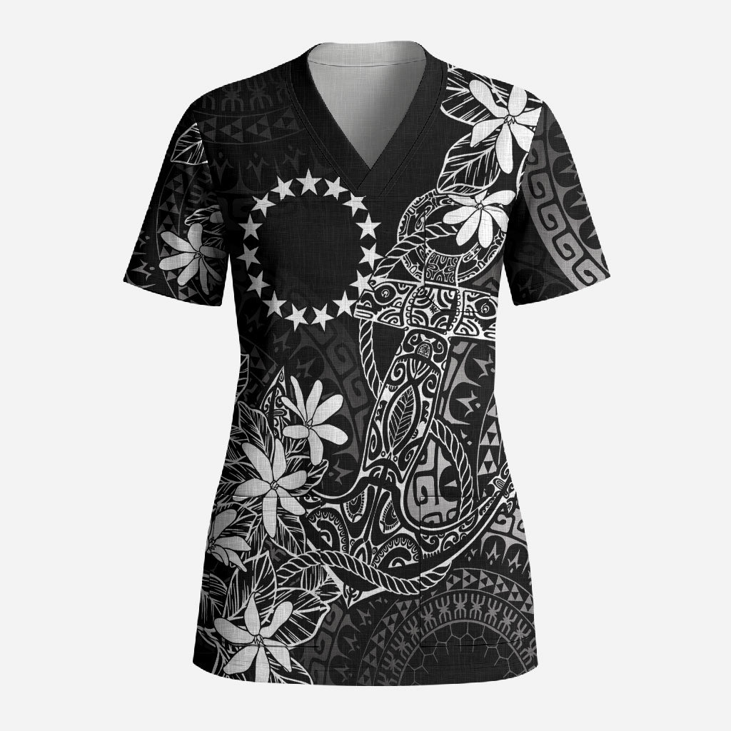 Black Kuki Airani Tapakau Scrub Top Tribal Anchor Mix Tiare