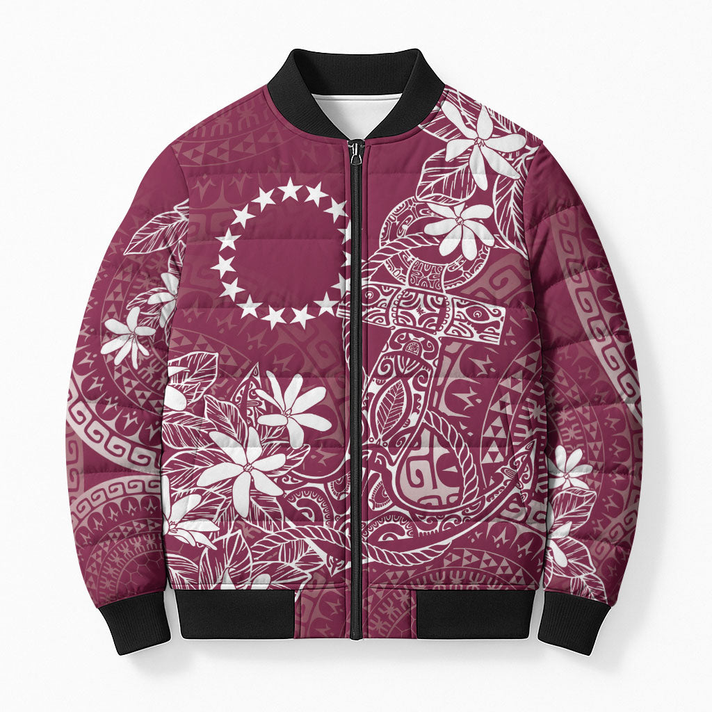 Maroon Kuki Airani Tapakau Bomber Puffer Jacket Tribal Anchor Mix Tiare