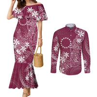 Maroon Kuki Airani Tapakau Couples Matching Mermaid Dress and Long Sleeve Button Shirt Tribal Anchor Mix Tiare LT7 Maroon - Polynesian Pride