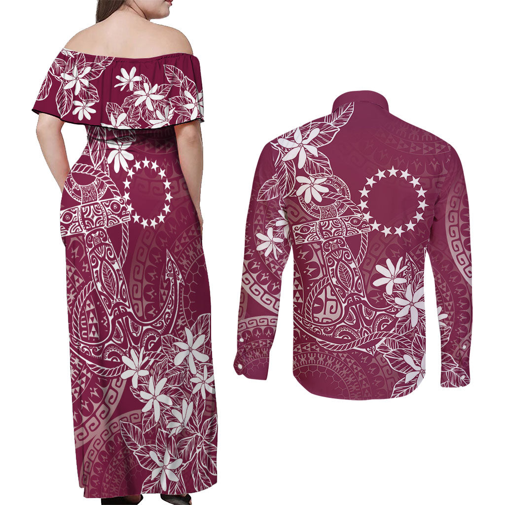 Maroon Kuki Airani Tapakau Couples Matching Off Shoulder Maxi Dress and Long Sleeve Button Shirt Tribal Anchor Mix Tiare LT7 - Polynesian Pride