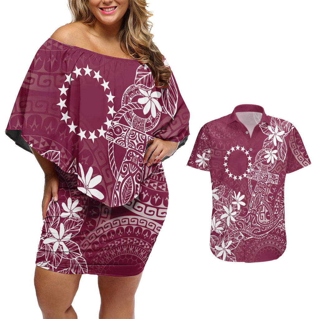 Maroon Kuki Airani Tapakau Couples Matching Off Shoulder Short Dress and Hawaiian Shirt Tribal Anchor Mix Tiare