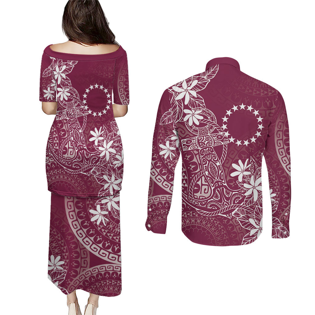 Maroon Kuki Airani Tapakau Couples Matching Puletasi and Long Sleeve Button Shirt Tribal Anchor Mix Tiare LT7 - Polynesian Pride
