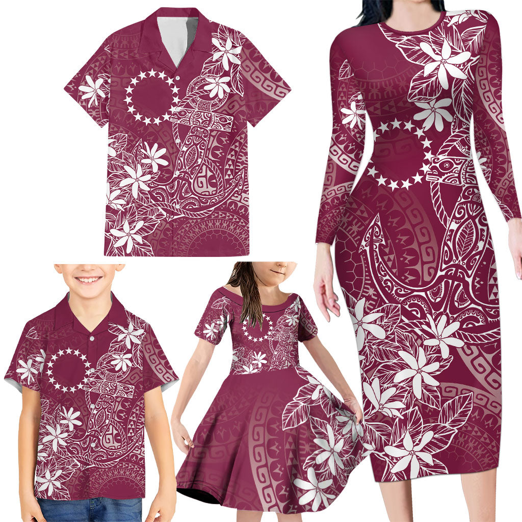 Maroon Kuki Airani Tapakau Family Matching Long Sleeve Bodycon Dress and Hawaiian Shirt Tribal Anchor Mix Tiare