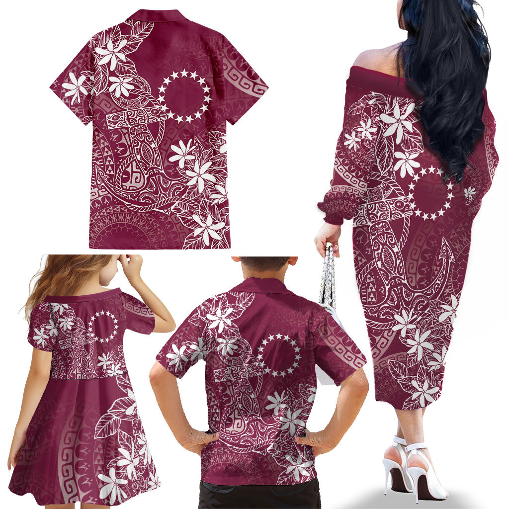 Maroon Kuki Airani Tapakau Family Matching Off The Shoulder Long Sleeve Dress and Hawaiian Shirt Tribal Anchor Mix Tiare LT7 - Polynesian Pride