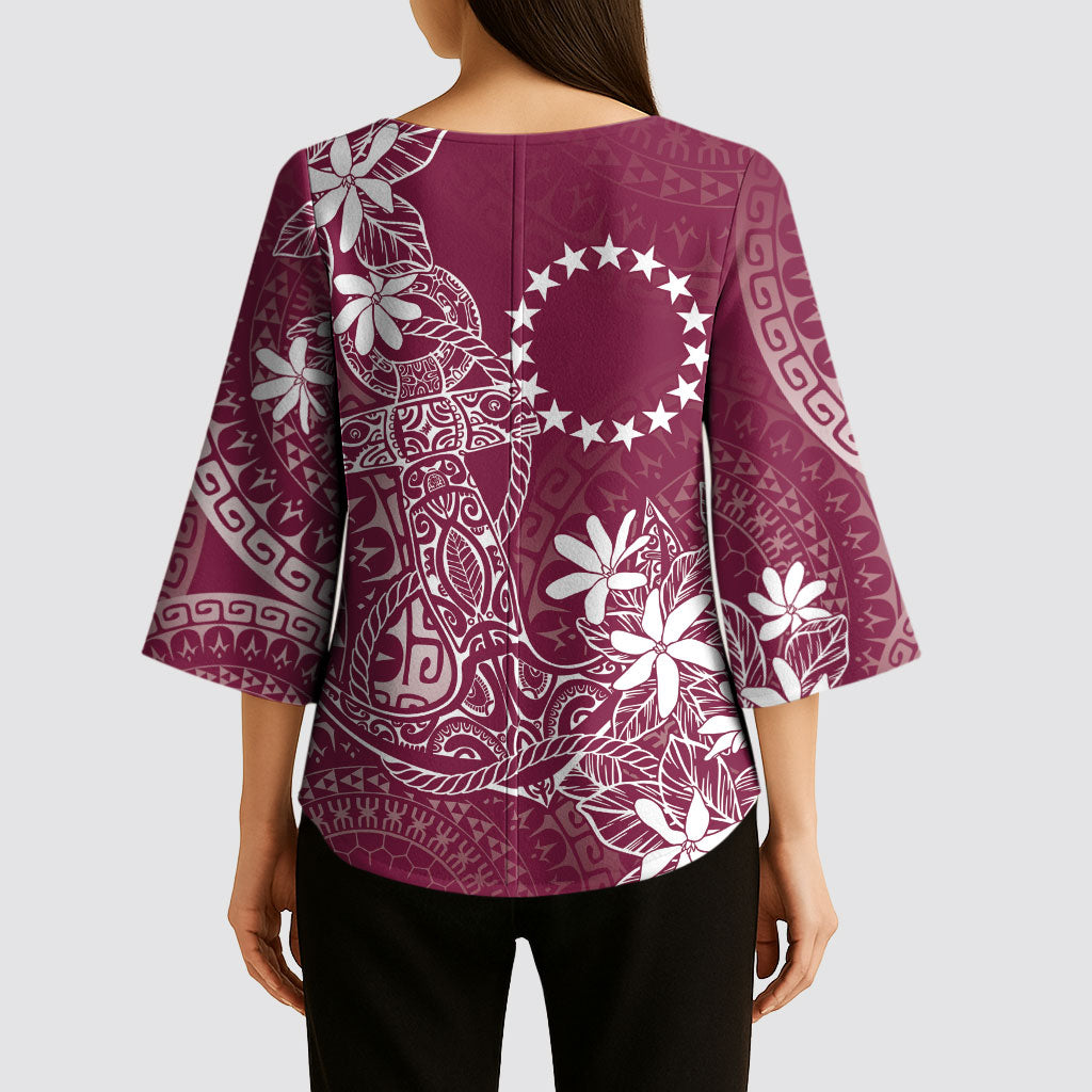 Maroon Kuki Airani Tapakau Kimono Sleeve Blouse Tribal Anchor Mix Tiare
