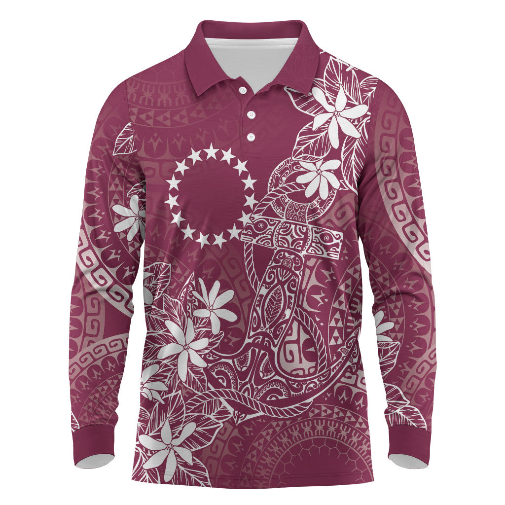 Maroon Kuki Airani Tapakau Long Sleeve Polo Shirt Tribal Anchor Mix Tiare
