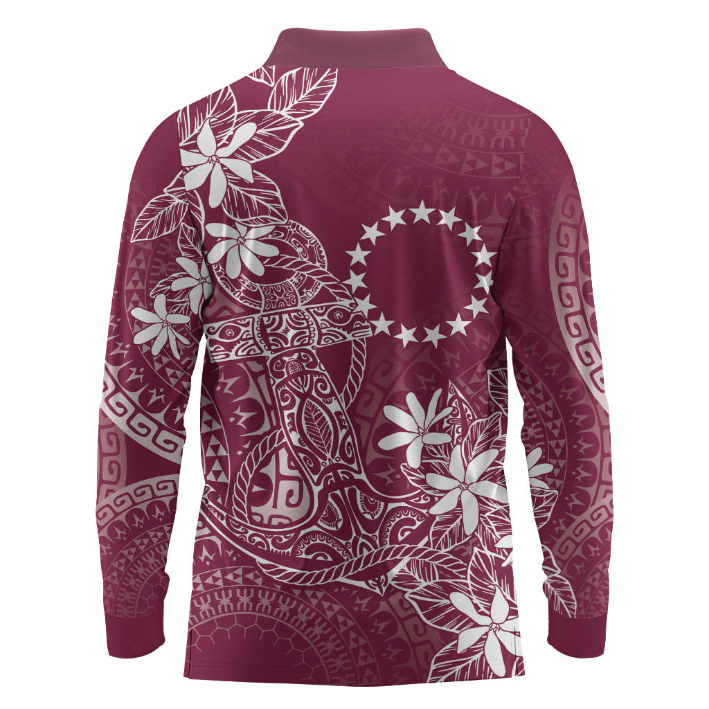 Maroon Kuki Airani Tapakau Long Sleeve Polo Shirt Tribal Anchor Mix Tiare LT7 - Polynesian Pride