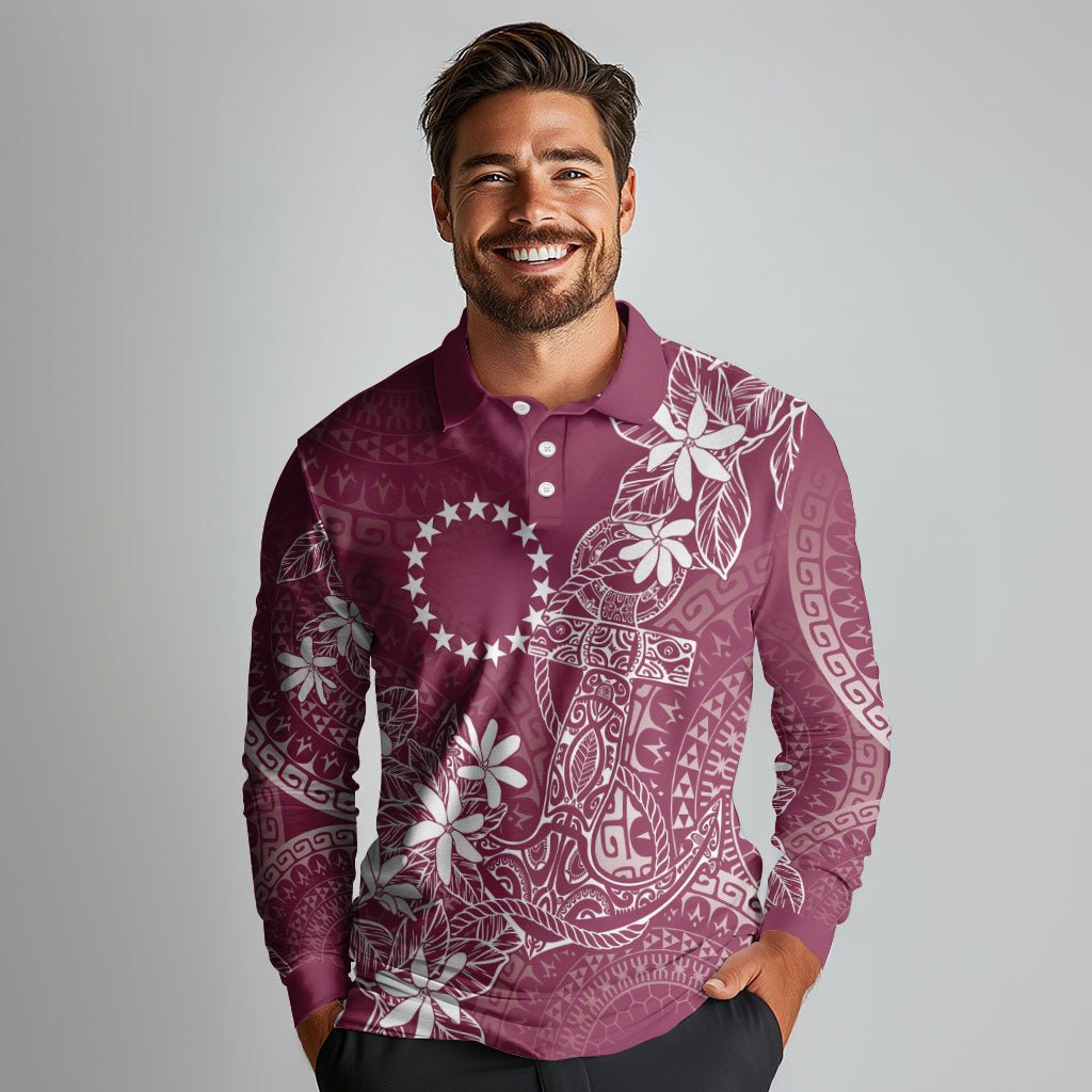 Maroon Kuki Airani Tapakau Long Sleeve Polo Shirt Tribal Anchor Mix Tiare LT7 - Polynesian Pride