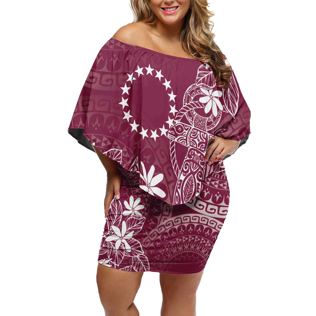 Maroon Kuki Airani Tapakau Off Shoulder Short Dress Tribal Anchor Mix Tiare LT7 Women Maroon - Polynesian Pride