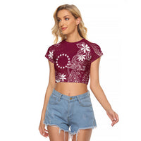 Maroon Kuki Airani Tapakau Raglan Cropped T Shirt Tribal Anchor Mix Tiare LT7 Female Maroon - Polynesian Pride