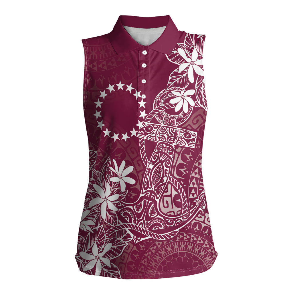 Maroon Kuki Airani Tapakau Women Sleeveless Polo Shirt Tribal Anchor Mix Tiare LT7 Female Maroon - Polynesian Pride
