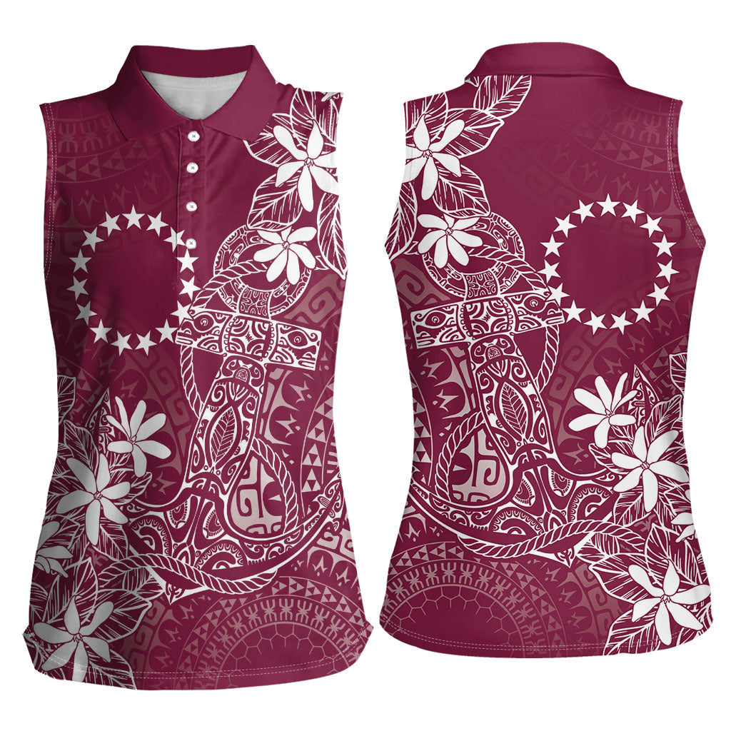 Maroon Kuki Airani Tapakau Women Sleeveless Polo Shirt Tribal Anchor Mix Tiare LT7 - Polynesian Pride