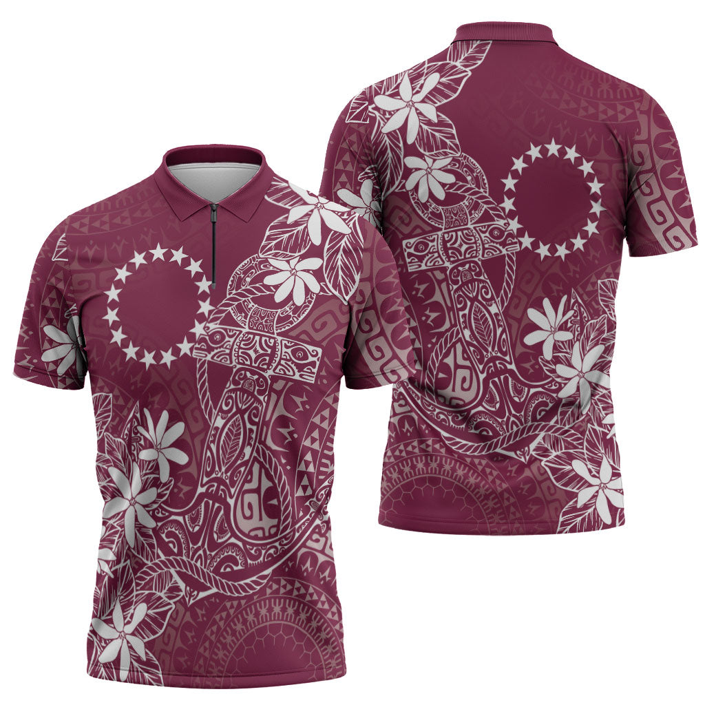 Maroon Kuki Airani Tapakau Zipper Polo Shirt Tribal Anchor Mix Tiare LT7 - Polynesian Pride