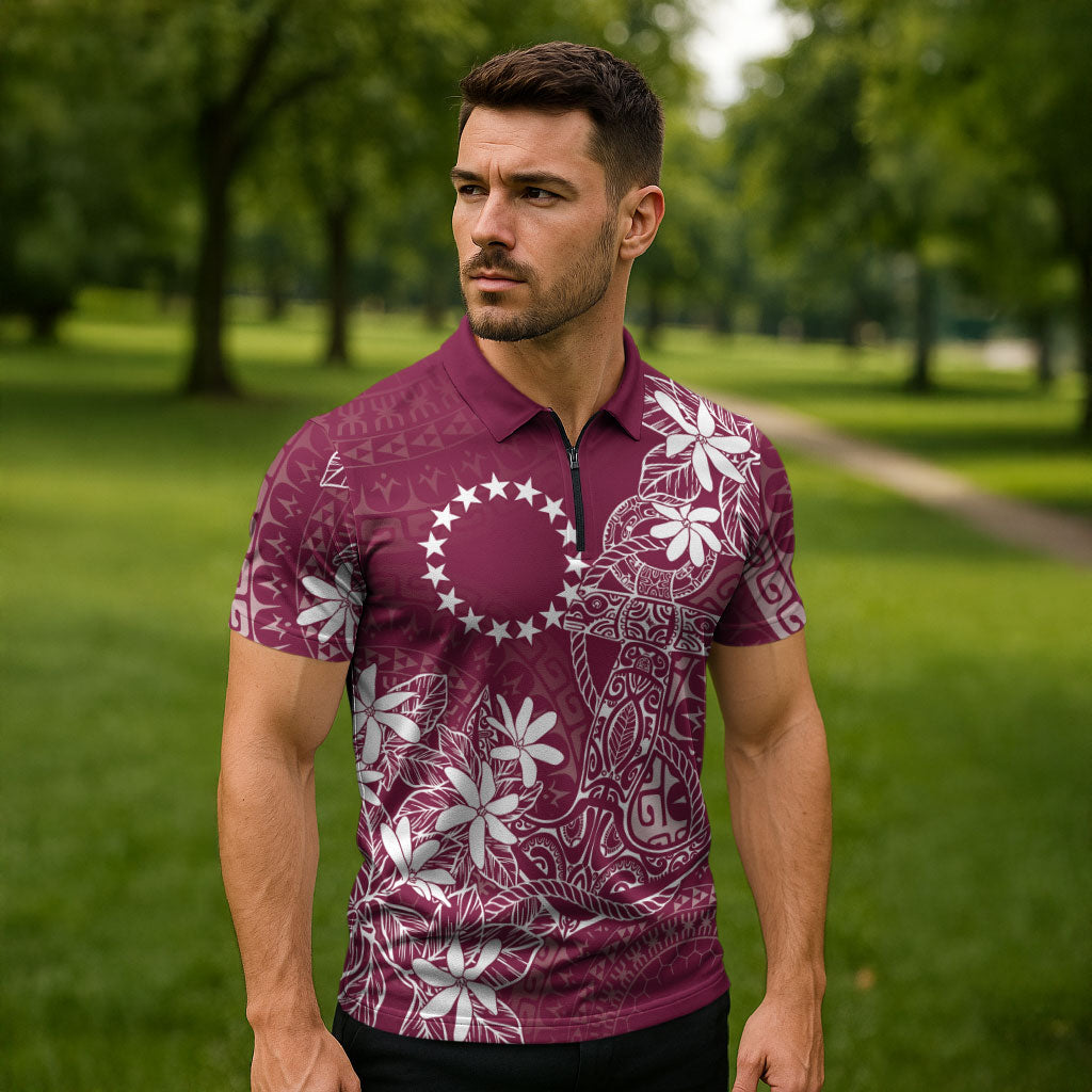 Maroon Kuki Airani Tapakau Zipper Polo Shirt Tribal Anchor Mix Tiare LT7 - Polynesian Pride