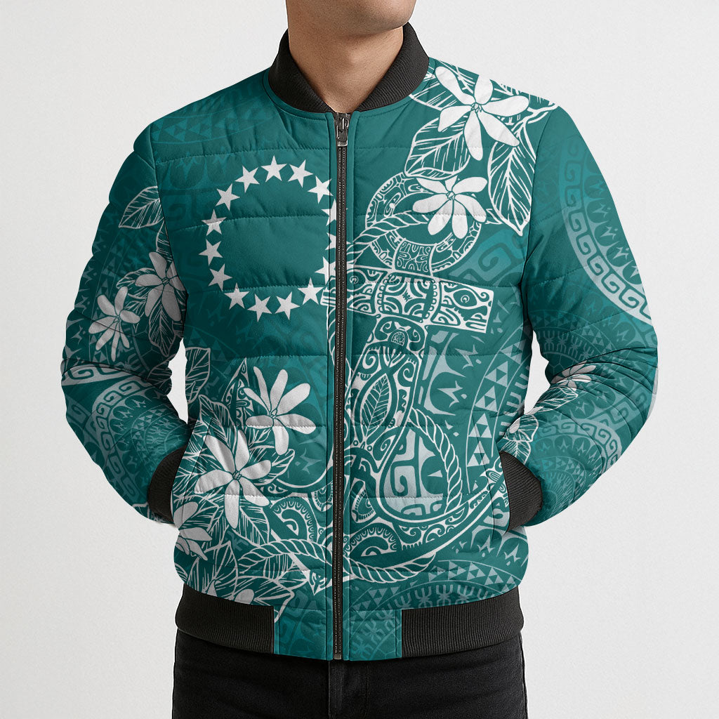 Teal Kuki Airani Tapakau Bomber Puffer Jacket Tribal Anchor Mix Tiare