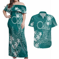Teal Kuki Airani Tapakau Couples Matching Off Shoulder Maxi Dress and Hawaiian Shirt Tribal Anchor Mix Tiare LT7 Teal - Polynesian Pride