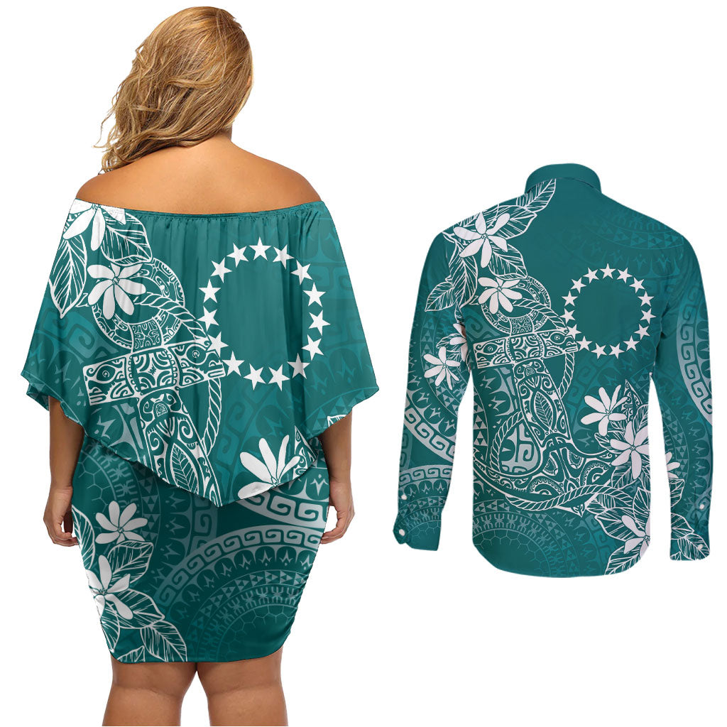 Teal Kuki Airani Tapakau Couples Matching Off Shoulder Short Dress and Long Sleeve Button Shirt Tribal Anchor Mix Tiare LT7 - Polynesian Pride