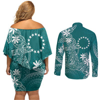 Teal Kuki Airani Tapakau Couples Matching Off Shoulder Short Dress and Long Sleeve Button Shirt Tribal Anchor Mix Tiare LT7 - Polynesian Pride