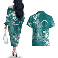 Teal Kuki Airani Tapakau Couples Matching Off The Shoulder Long Sleeve Dress and Hawaiian Shirt Tribal Anchor Mix Tiare LT7 - Polynesian Pride