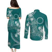 Teal Kuki Airani Tapakau Couples Matching Puletasi and Long Sleeve Button Shirt Tribal Anchor Mix Tiare LT7 - Polynesian Pride