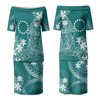 Teal Kuki Airani Tapakau Couples Matching Puletasi and Long Sleeve Button Shirt Tribal Anchor Mix Tiare LT7 - Polynesian Pride