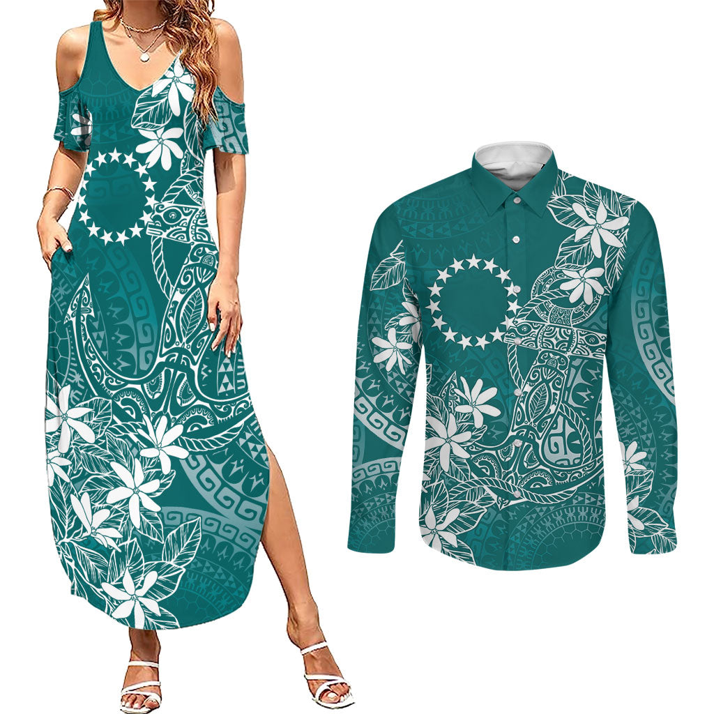 Teal Kuki Airani Tapakau Couples Matching Summer Maxi Dress and Long Sleeve Button Shirt Tribal Anchor Mix Tiare LT7 Teal - Polynesian Pride