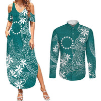 Teal Kuki Airani Tapakau Couples Matching Summer Maxi Dress and Long Sleeve Button Shirt Tribal Anchor Mix Tiare LT7 Teal - Polynesian Pride