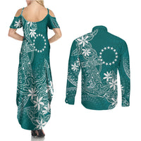 Teal Kuki Airani Tapakau Couples Matching Summer Maxi Dress and Long Sleeve Button Shirt Tribal Anchor Mix Tiare LT7 - Polynesian Pride