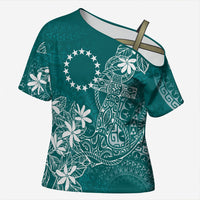 Teal Kuki Airani Tapakau Cross Shoulder Shirt Tribal Anchor Mix Tiare LT7 Female Teal - Polynesian Pride