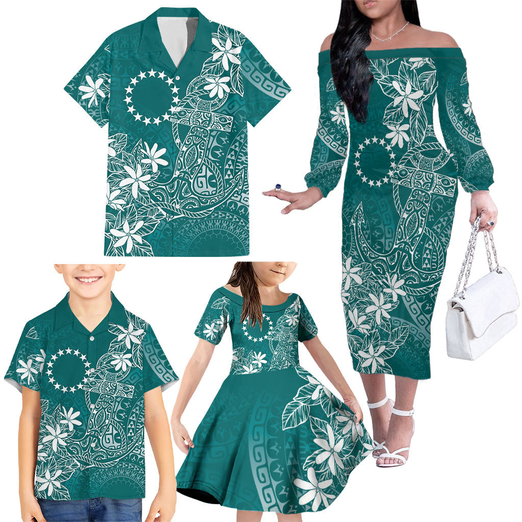 Teal Kuki Airani Tapakau Family Matching Off The Shoulder Long Sleeve Dress and Hawaiian Shirt Tribal Anchor Mix Tiare LT7 - Polynesian Pride