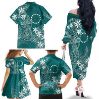 Teal Kuki Airani Tapakau Family Matching Off The Shoulder Long Sleeve Dress and Hawaiian Shirt Tribal Anchor Mix Tiare LT7 - Polynesian Pride